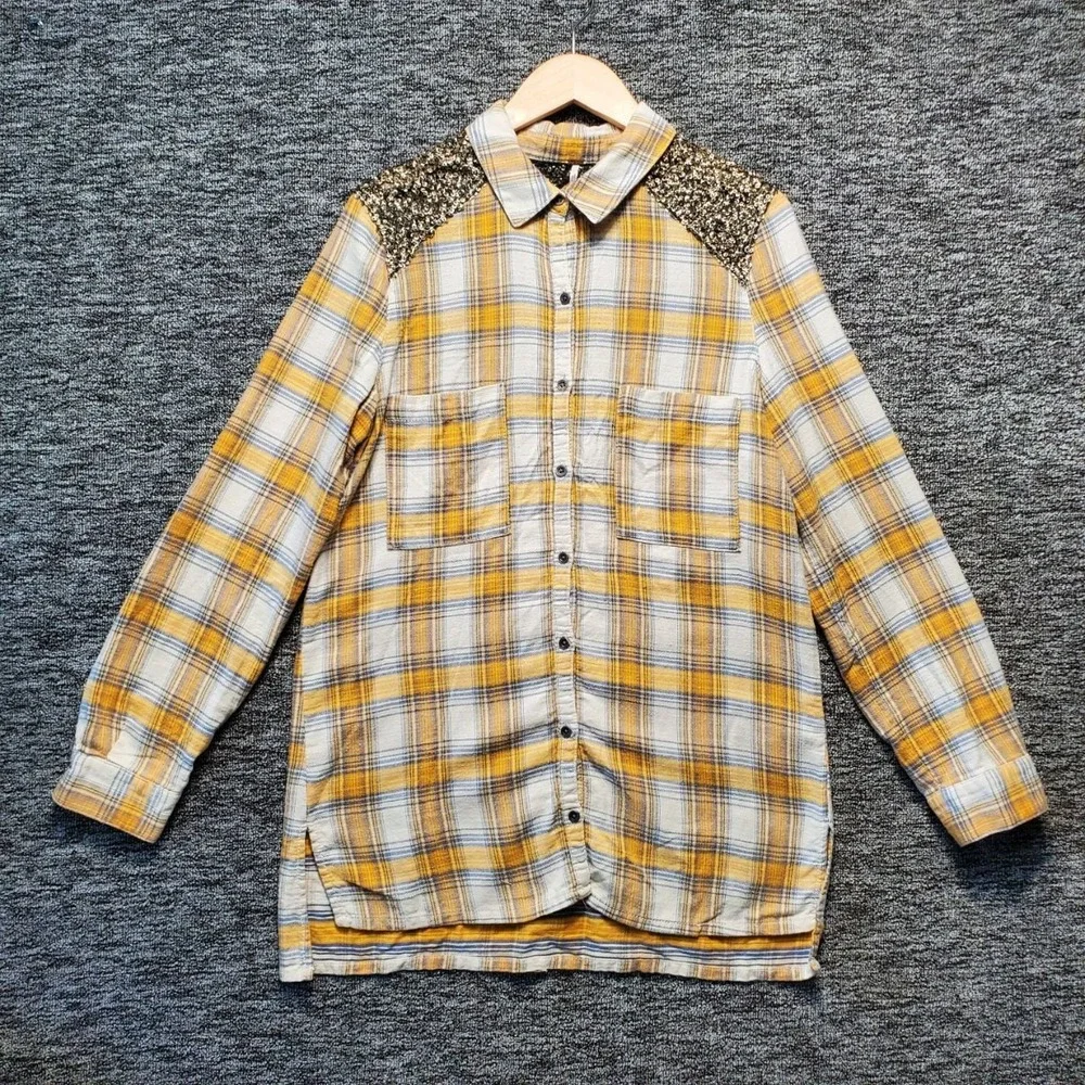 Free People Little Bit of Sugar Plaid Flannel Shirt Women L Yellow Sequin Button